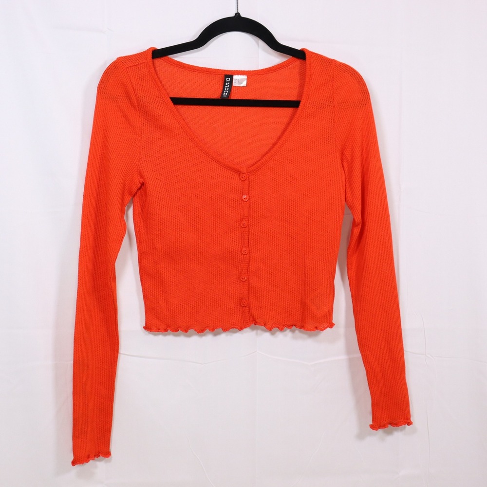 H&M Divided Cardigan S Orange Womens Lettuce Trim Button‎ Front Top